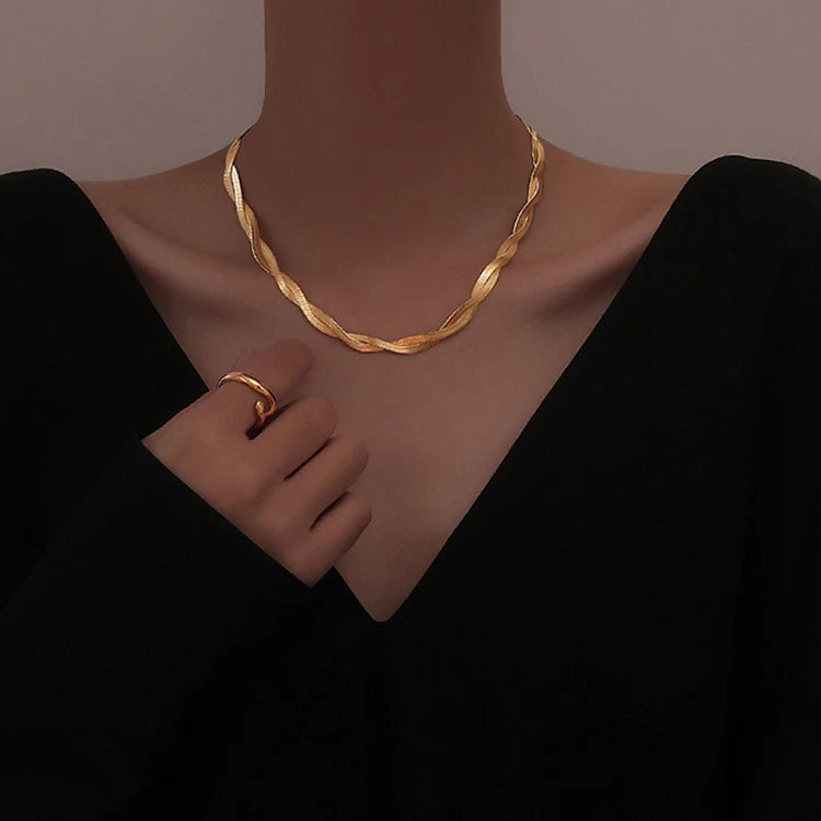 K153 Wholesale 18K Gold Plated Stainless Steel Twist Double Layer Herringbone Snake Chain Necklace Bracelet Fashion Jewelry Sets