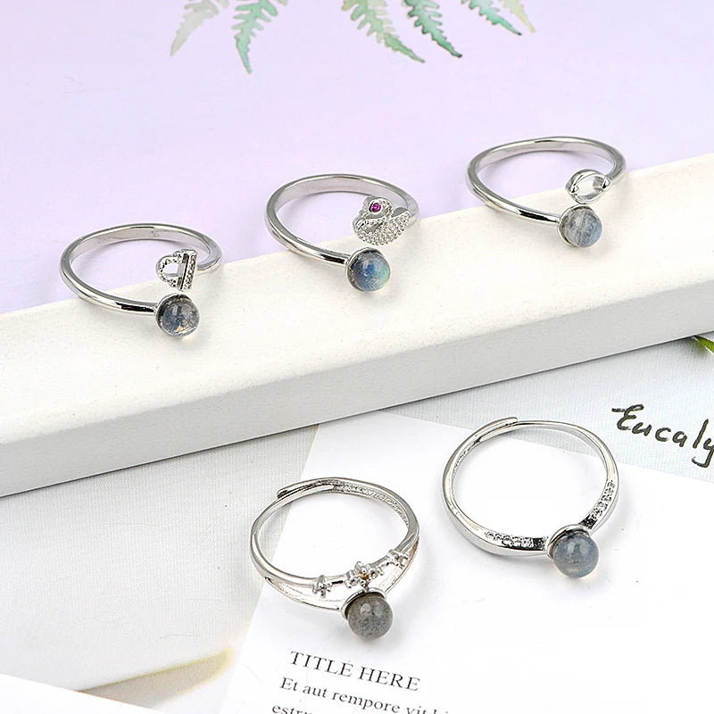 Exquisite 5mm Brass Crystal Rings Natural Labradorite Crystal Ball Gemstone Ring
