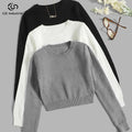 Wholesale Custom Logo Design Grey O-Neck Long Sleeve Knit Wool Top Women's Autumn Crop Top Short Rib Knitting Sweater Casual