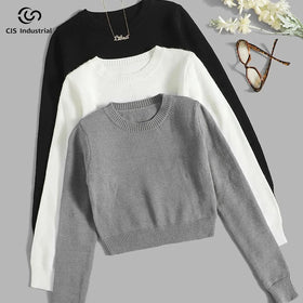 Wholesale Custom Logo Design Grey O-Neck Long Sleeve Knit Wool Top Women's Autumn Crop Top Short Rib Knitting Sweater Casual