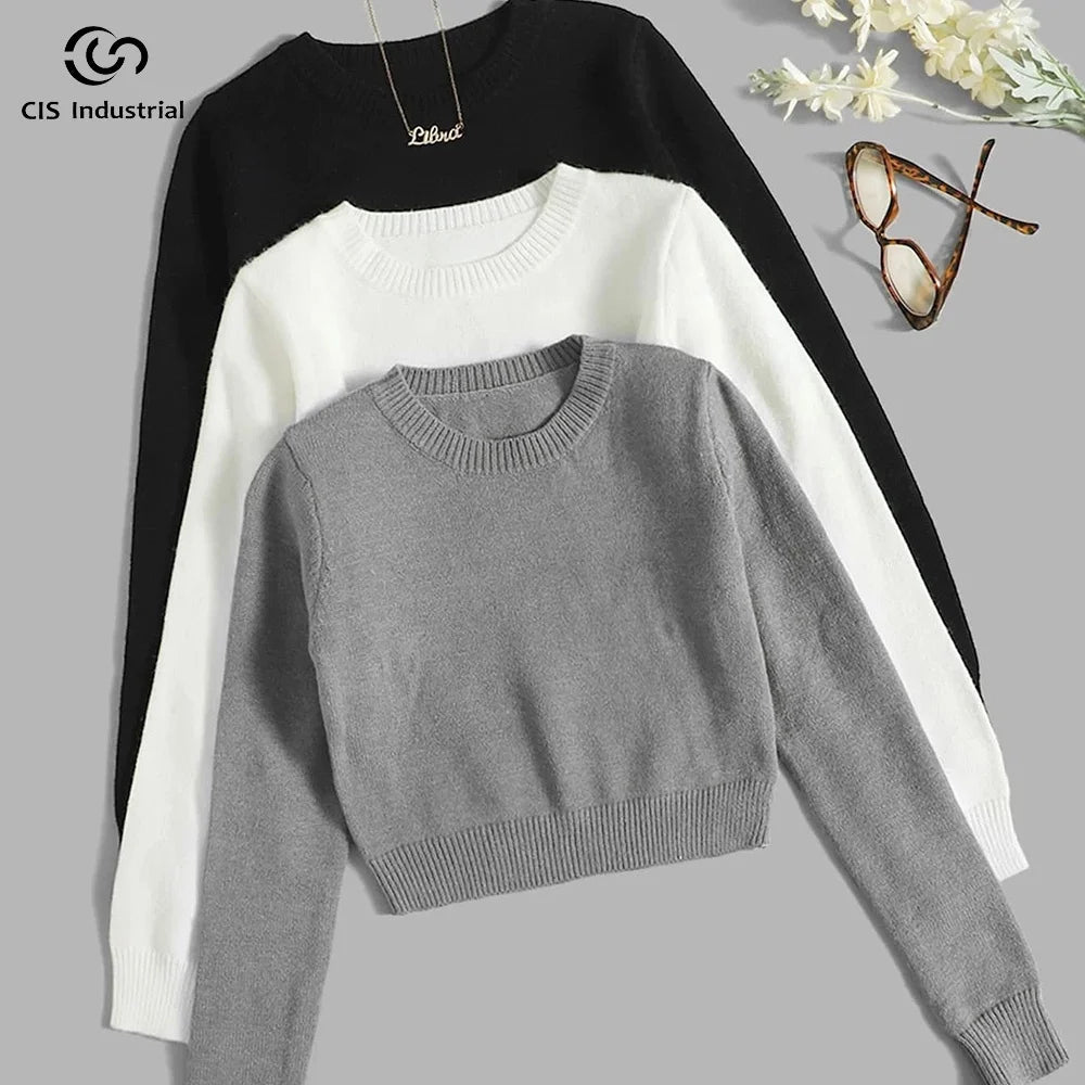 Wholesale Custom Logo Design Grey O-Neck Long Sleeve Knit Wool Top Women's Autumn Crop Top Short Rib Knitting Sweater Casual