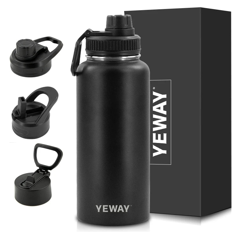 Yeway Customized 3 Lids Stainless Steel Vacuum Flask Botellas De Agua Water Bottle Insulated 32oz Wide Mouth Sports Bottle
