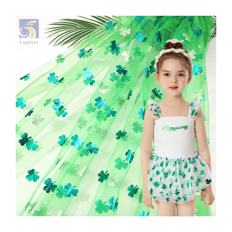 YX2713 Lucky Custom Polyester Green Clover Printed Tulle Fabric St. Patrick's Day Holiday Print Mesh Fabric