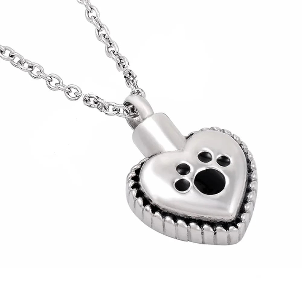Paw Print Heart Urn Cremation Necklace Stainless Steel Heart Memorial Paw Ash Urn Dog Cat Holder Pendant Cremation for Ashes