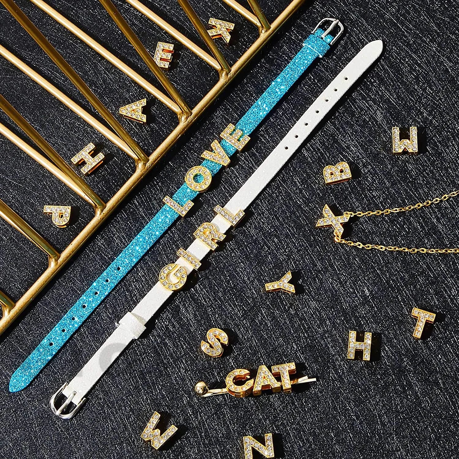 Golden Color Rhinestone Slide Letter Charms Bracelet Making 8mm A-Z DIY Wristband Pet Collar Keychain Women Jewelry Gift