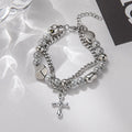 Hot Sale Double Layers Stainless Steel Bracelet Adjustable Pearl Cross Pendant Charm Bracelet for Women and Girls