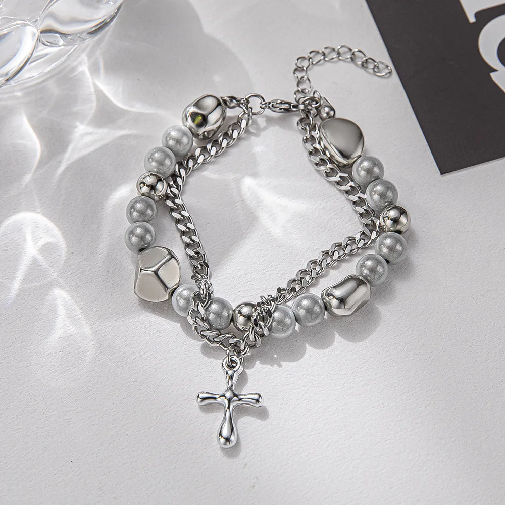 Hot Sale Double Layers Stainless Steel Bracelet Adjustable Pearl Cross Pendant Charm Bracelet for Women and Girls