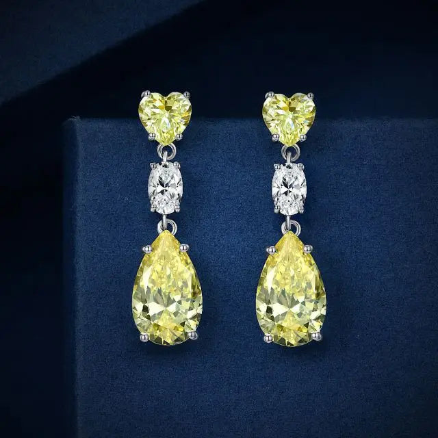 925 Sterling Silver Teardrop Pear Shaped Dangle Earrings with Yellow Cubic Zirconia Crystal Teardrop Bridal Dangle Earrings