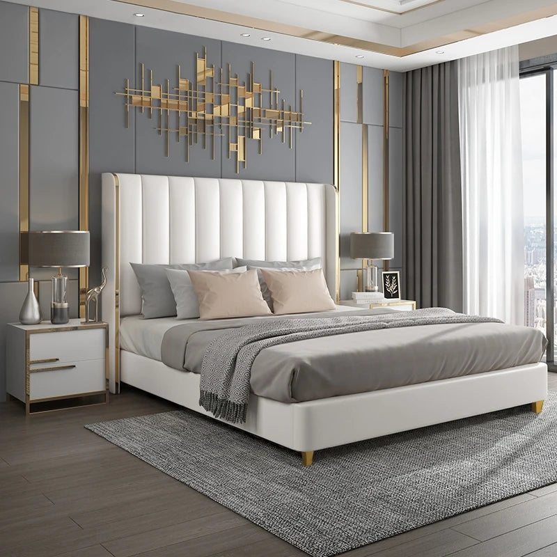 Nordic Designer High-End Bed Set  Luxury King and Queen Size  Boy Girl Wooden Multifunction Velvet Upholstered Bedroom Furniture