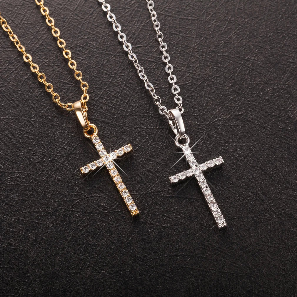 Factory Hot Sale Korean Style Inlaid Zircon Gold Necklace Fille Cross Diamond Necklace Women Jewelry
