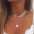 Boho Fashion Statement Choker Necklace Multilayer Snake Chain Round Curved Plated Women Flower Lotus Pendant Necklace