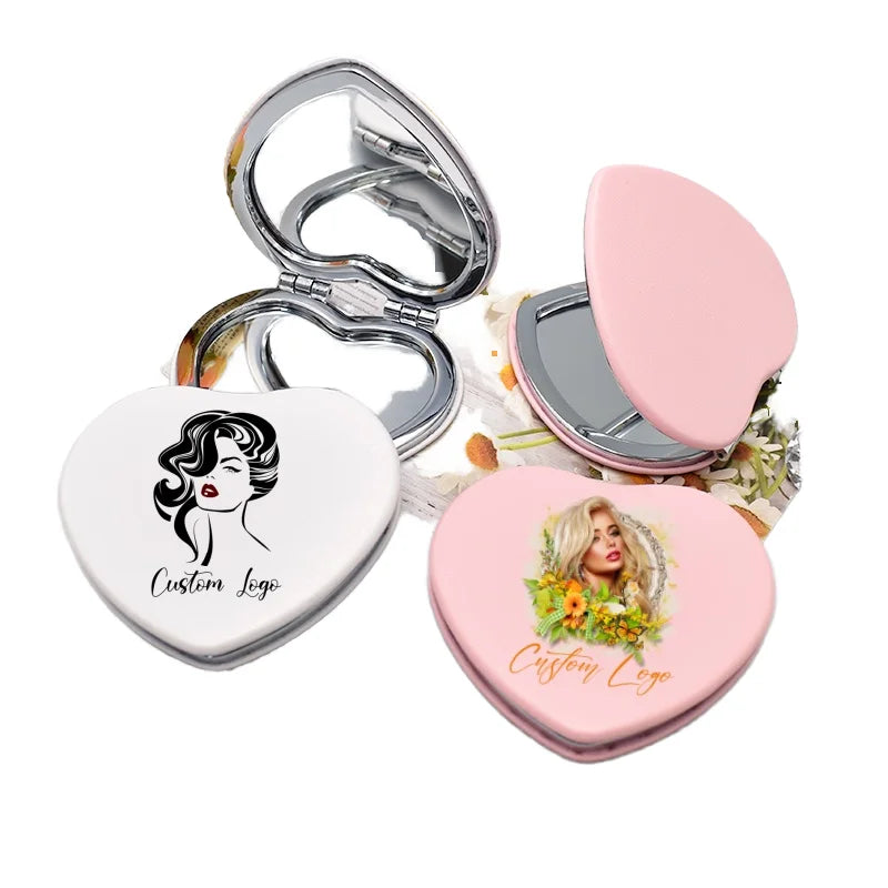 Zonyin Private Label 2x Magnification Mini Small PU Leather Compact Travel Mirror Foldable Heart Pocket for Makeup Portable Gift