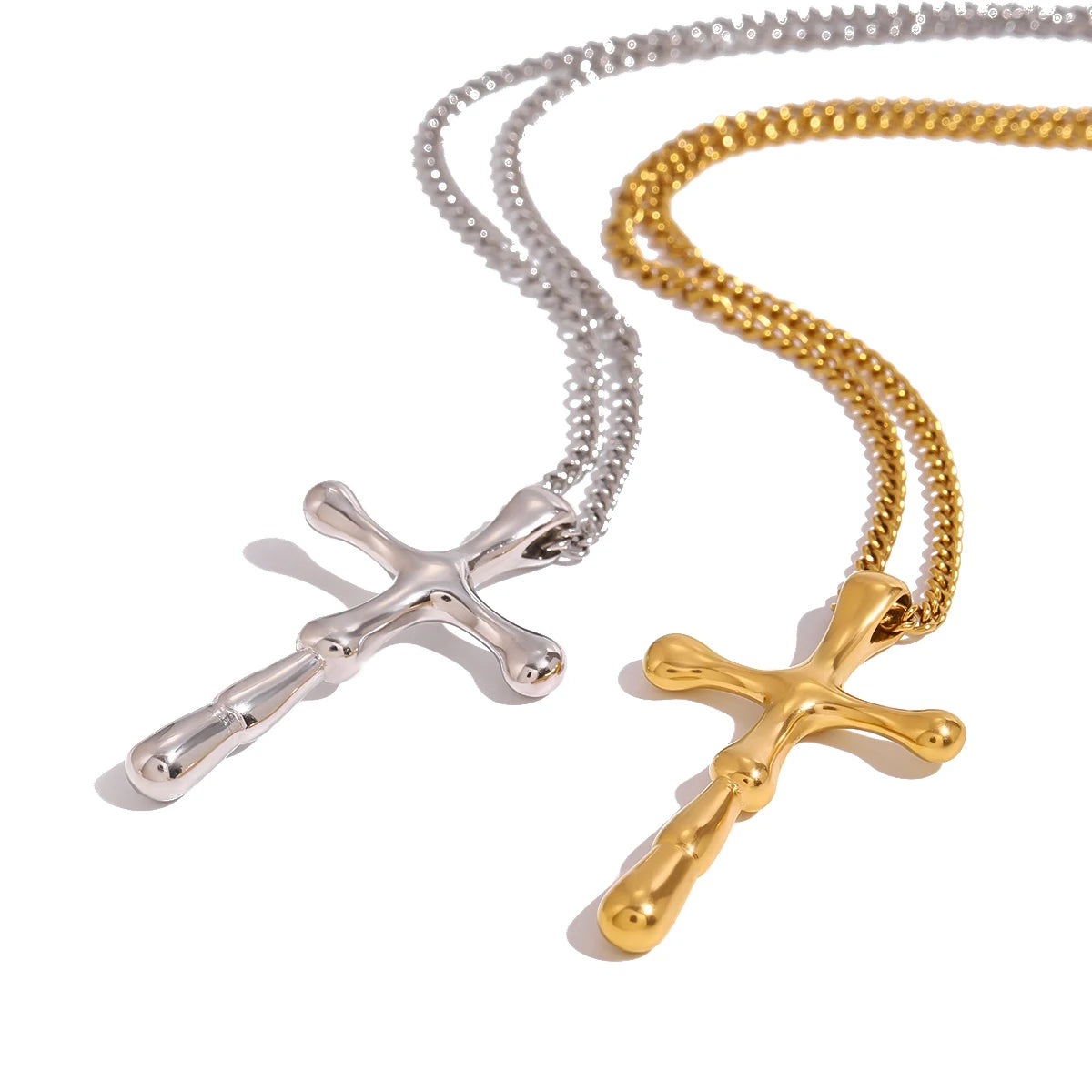 J&D 18k Gold Stainless Steel Bamboo Cross Pendant Necklace Cuban 50cm Chain Jewelry