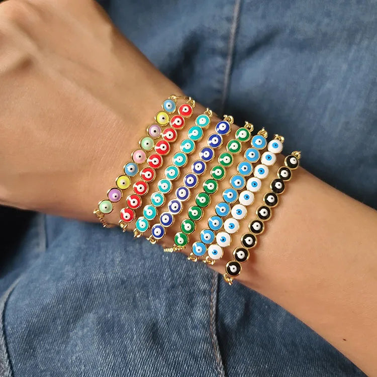 BM1115 18k Gold Plated Rainbow Enamel Multicolor Evil Eyes bar Spiritual Chain Slide Bracelet Jewelry