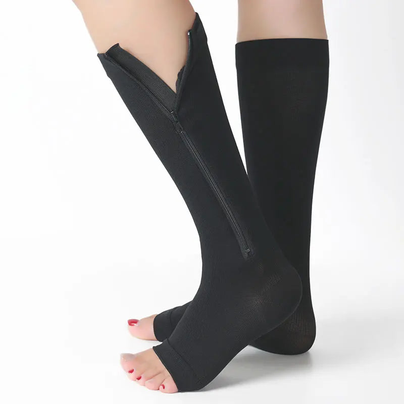 Mmhg Open-Toe Varicose Veins Compression Socks 20-30 Compression Stockings Non-Slip Feature Zipper Solid Knee High Anti-Embolism