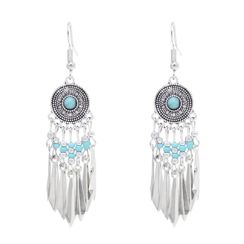 China Hot Sale Retro Ethnic Style Drop Dangle Earrings Trend Bohemian Earrings Gold Metal Leaf Long Tassel Earrings