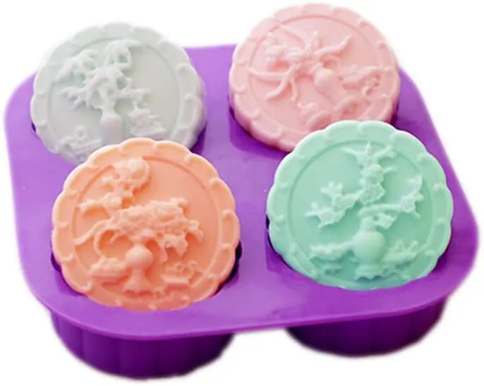 DIY 4-Cavity Four Seasons Tree Pattern Soap Round Silicone Molds Candle Making for Homemade Dia. 2.5inch  3oz Soap