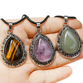 Natural Agate Healing Crystal Green Aventurine Jade Stone Tiger Eye Amethyst Big Gemstone Water Drop Pendant Necklace for Women