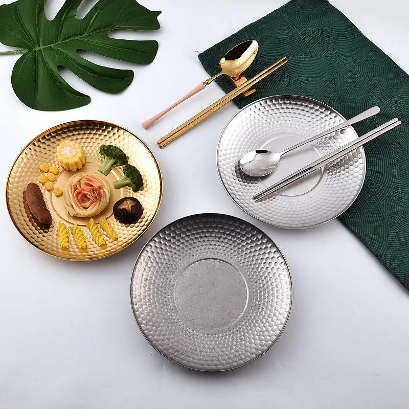 Good Quality Stainless Steel 20CM Gold/Silver Food Dish Round Pattern Fruit Plate for Restaurant Kitchen Steak Dessert Appetizer