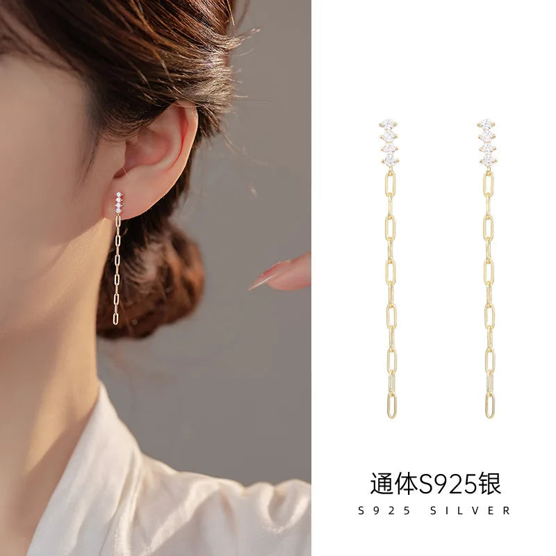 Fashion Jewelry 925 Sterling Silver CZ Diamond Earring Long Tassel Simple Dangle Chain Earrings