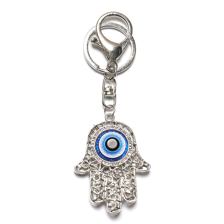 Clasp Ring Alloy Hollow Hamsa Pendant Key Chain with Crystal Diamond and Resin Evil Eye Keychain