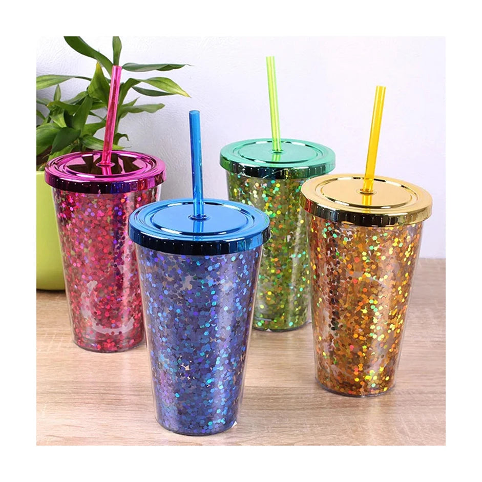 Clear Glitter Double Wall PP Plastic Tumbler Reusable with Lid and Straw for Giveaways Modern Design