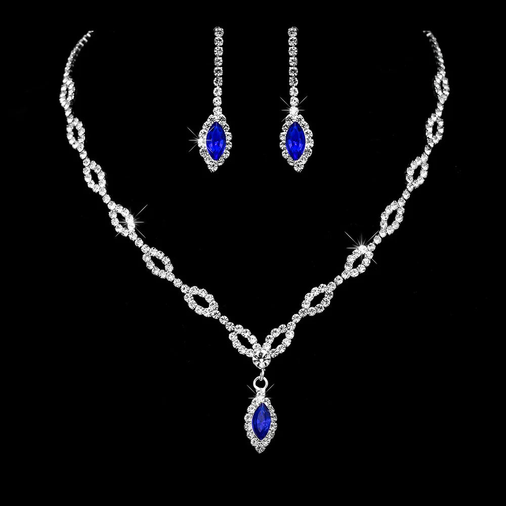 American and European Hot Sale Blue Color Rhinestone Peri Style Metal and Diamond Stone Sweety Wedding Necklace and Earring Set