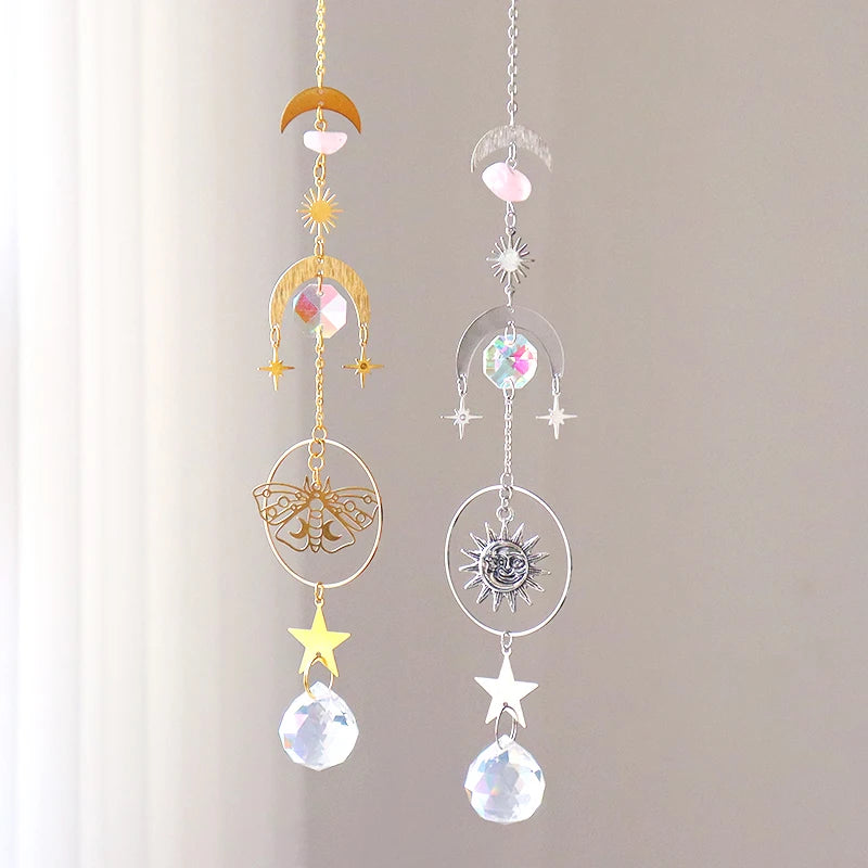 Wholesale Hanging Crystal Moon and Stars Sun Catcher Wind Chimes Gold Brass Glass Suncatchers for Window Decor