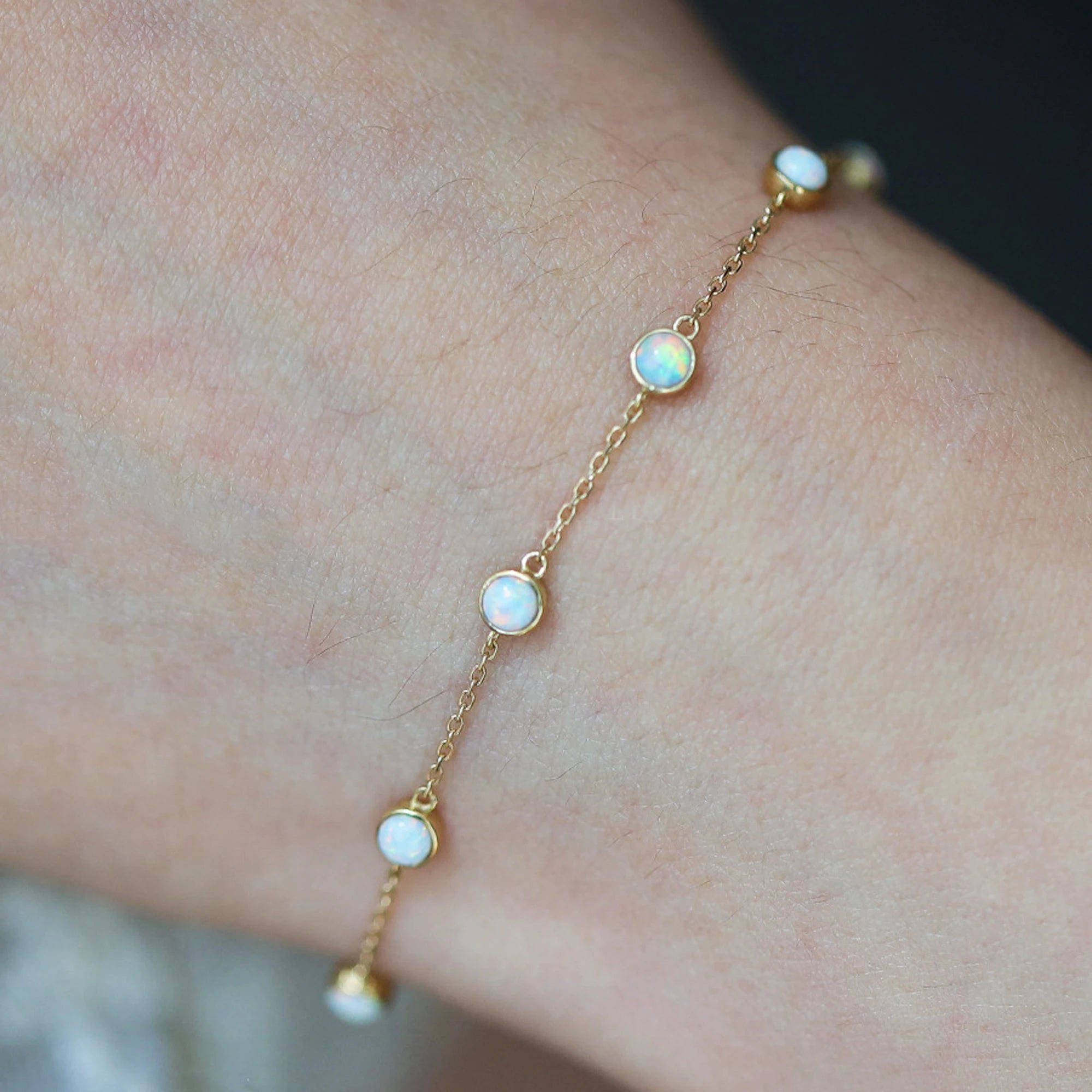 Gold Plated Synthetic Opal Bracelet Jewelry 925 Sterling Silver White Opal Beads Bracelet