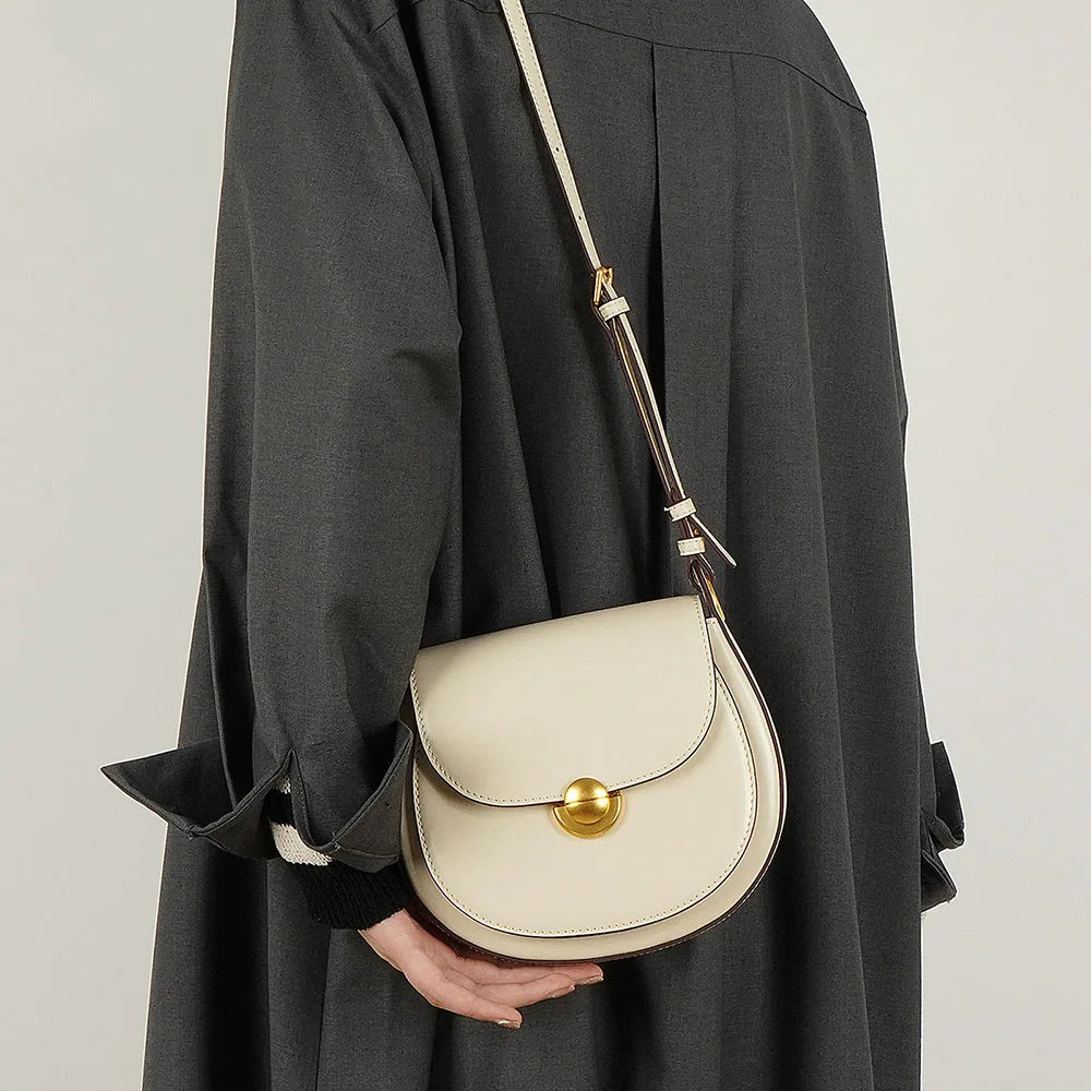 Vintage Asymmetrical Genuine Leather Saddle Bag Women Minimalist Curvy Shoulder Bag for Aesthetic Boutique Style