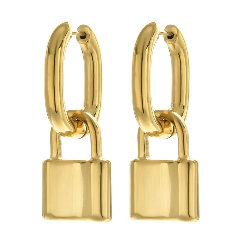 Wholesale Trendy Waterproof Fashion Lock Statement Stainless Steel Fine Gold Plated Dangle Drop Earrings Jewelry for Women