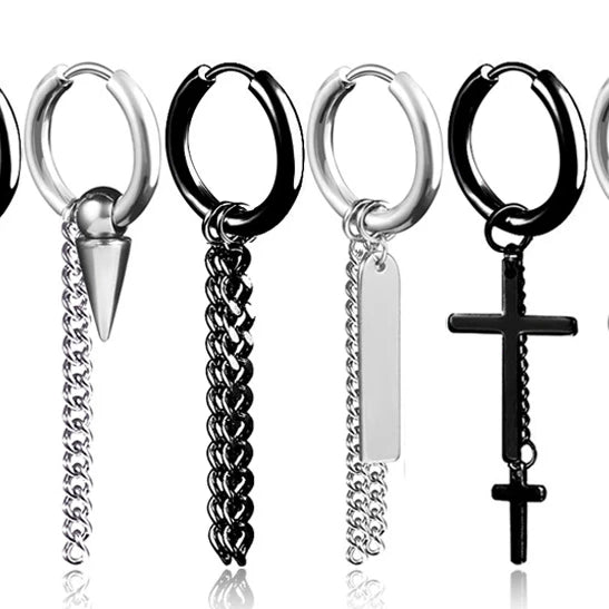 GT Titanium Steel Hoop Earrings Punk Gothic Ear Piercing Tassel Chain Huggie Cross Earrings for Men