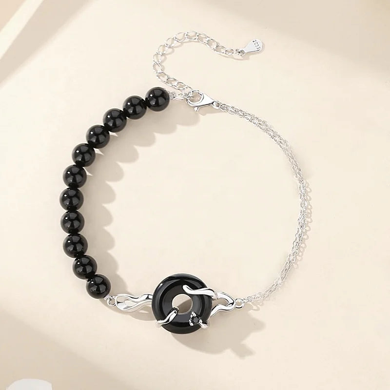925 Pure Silver Floating Light Golden Couple Bracelet New Chinese Retro Folk Art Design Jadeite Black Agate Peace Charm Parties