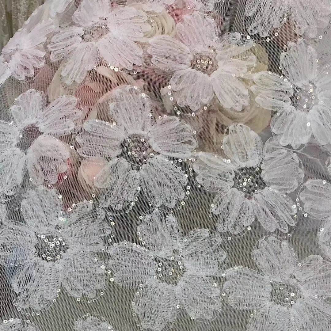 White Lace Fabric 3D Flower Embroidered Tulle Dress Making Fabric
