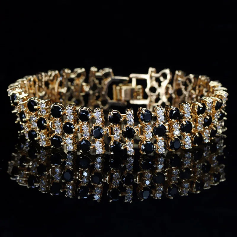 African Nigerian Yellow Gold Plated Wedding Costume Jewelry White and Black Big Wide Cubic Zirconia Stone Bracelet for Women