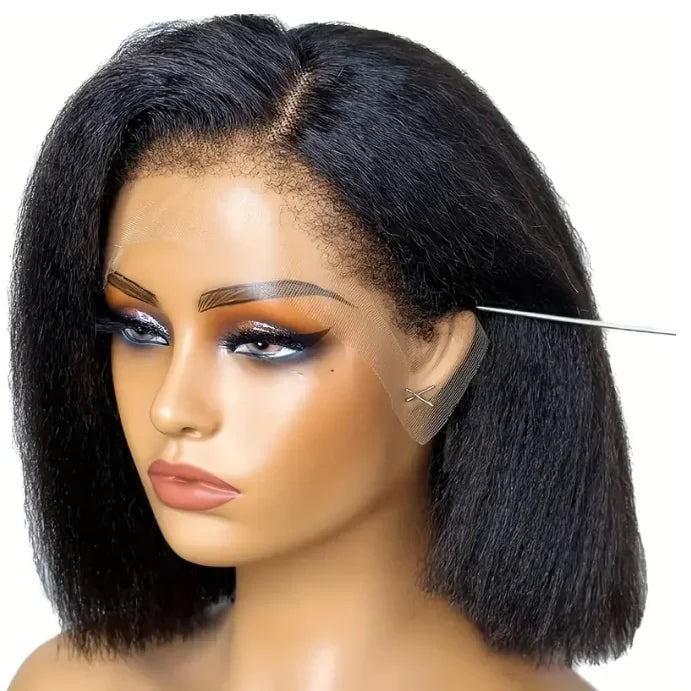 Glueless Kinky Straight 13x4 Transparent for Lace Front Wig Short Bob Human Hair Brazilian Remy PrePlucked Wig