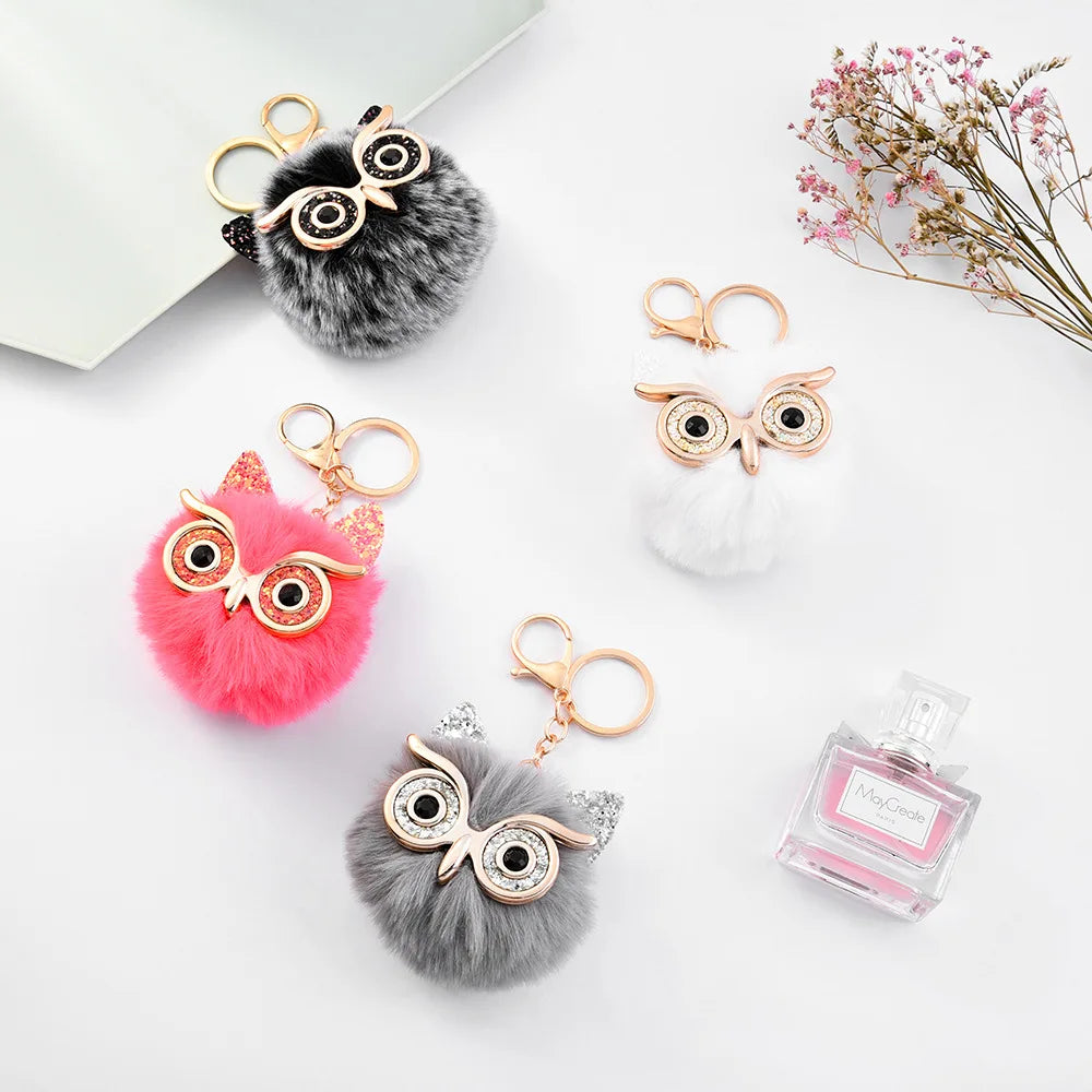 2021 Creative Fashion Cute Big Eyes Owl Hair Ball Keychains Plush Ball Fur Bag Pendant Women Promotion Gift Metal Keychain