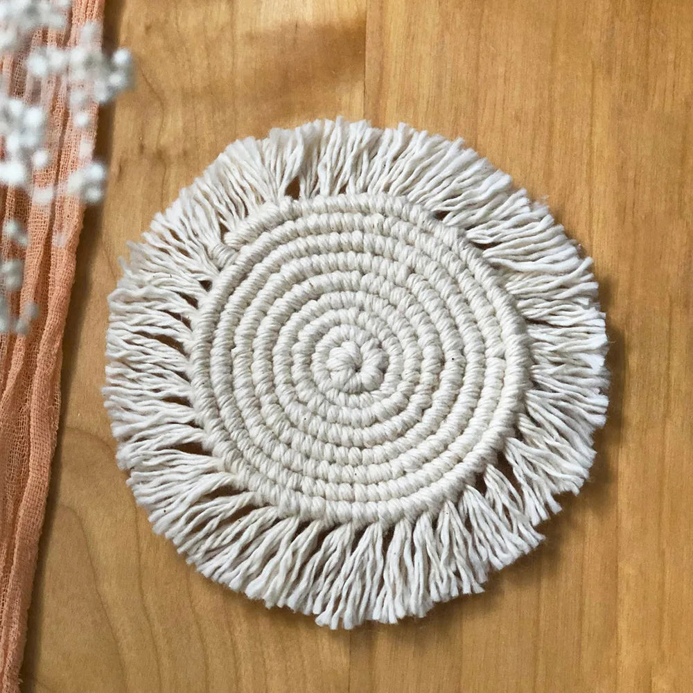 Macrame Boho Tassels round Cotton Linen Placemat Heat Proof Dining Table Mat for Farmhouse Table Decoration Packaged in Carton