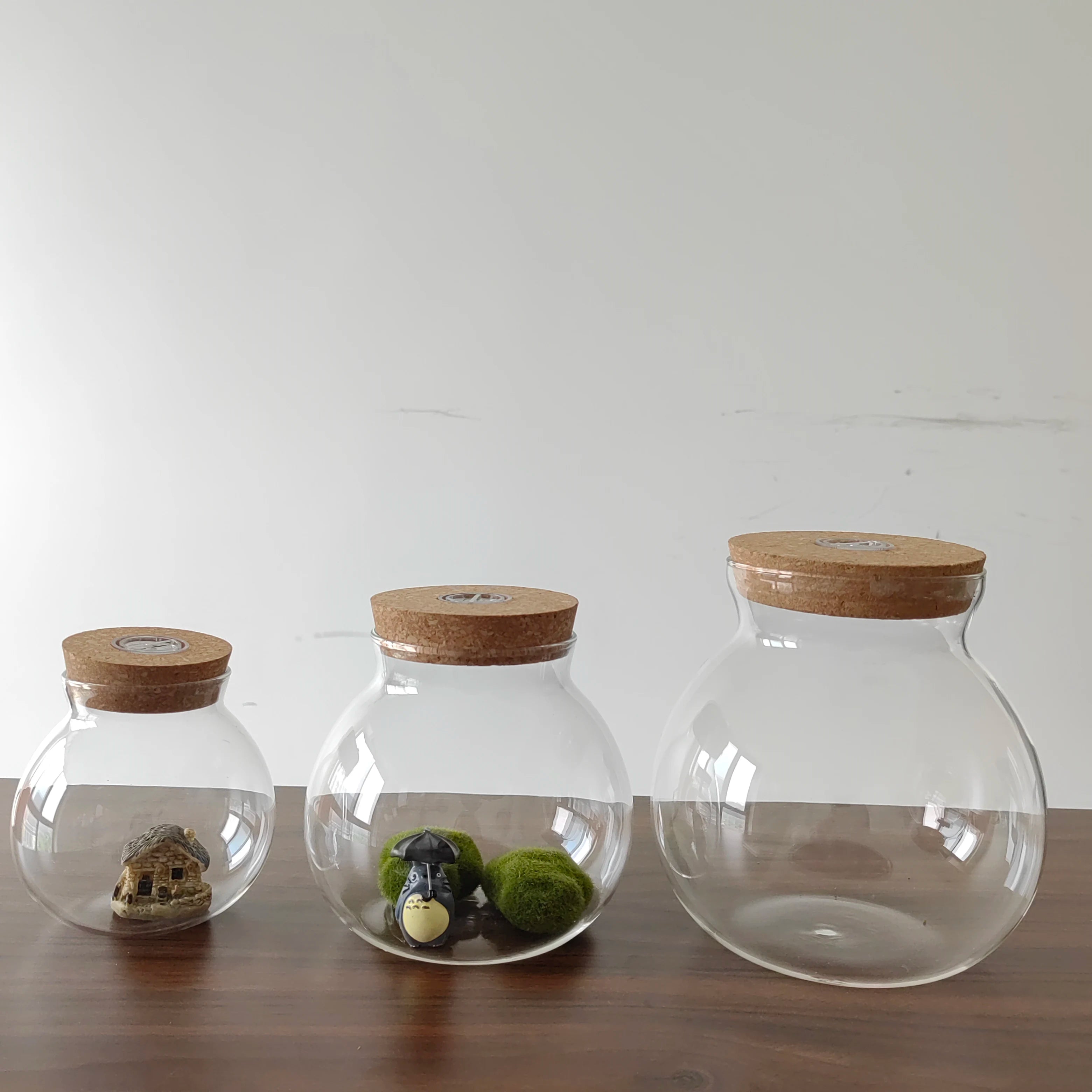 Mini Landscape Container Glass Terrarium with Wooden Cork and Led Light for Home Decor Mini Nature Moss Spheroidal Tabletop Vase