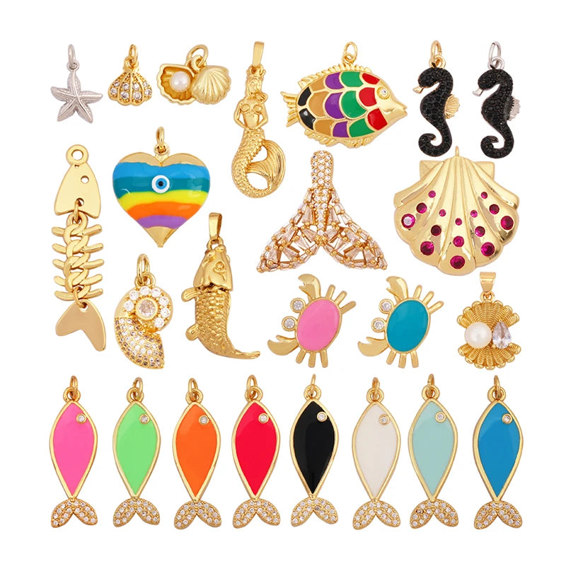 Marine Organism Fish Sea Conch Horse Shell Starfish Crab Fishbone Charm PendantGold Plated Zircon Jewelry Finding Supplies K73