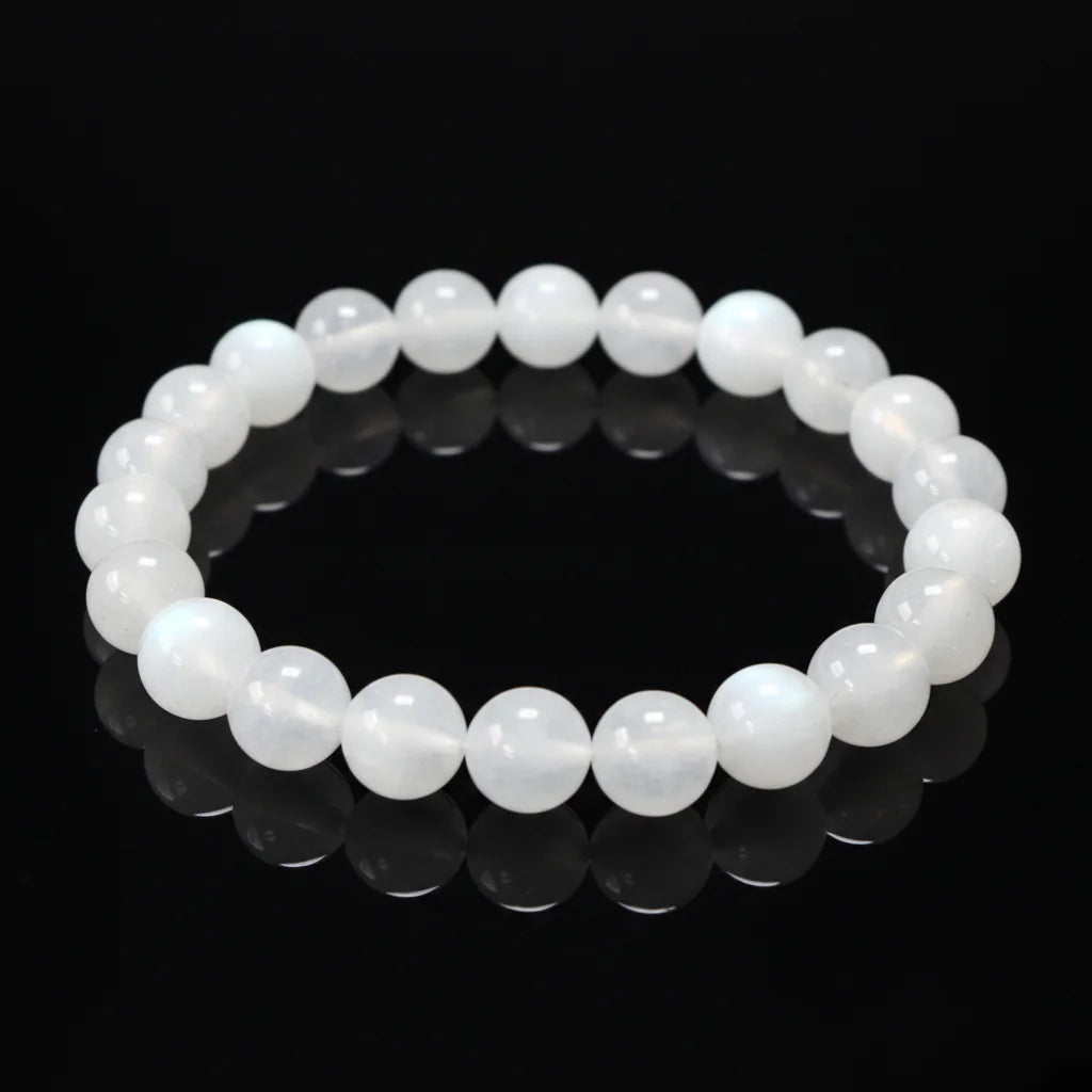 Natural White Moonstone White Stone Bead Bracelet 8mm Women Elastic Adjustable Healing Bracelet
