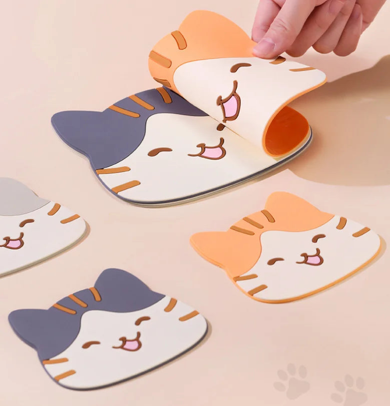 2026 New Style Wrapables Silicone Cute Cat Coasters for Glasses Cups and Drinks