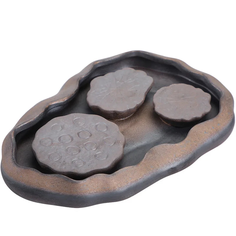 Japanese Style Gilding Lotus Pond Tray Coarse Pottery Water Storage Tray Tea Table Ceramic Teapot Tray Coffee Tea Tray
