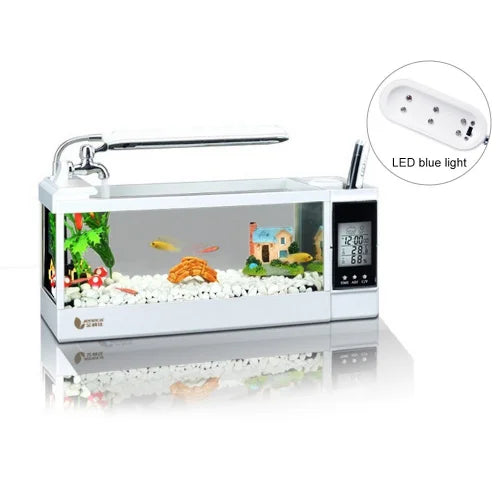 Mini Rectangle Betta Fish Tank with LED Lighting Glass Aquarium 2.5L Eco-Friendly LCD Display Screen Clock and Pen Holder