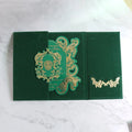 Green Velvet Hard Board Gate Fold Pocket Design Wedding Invitation Set with Acrylic Card
