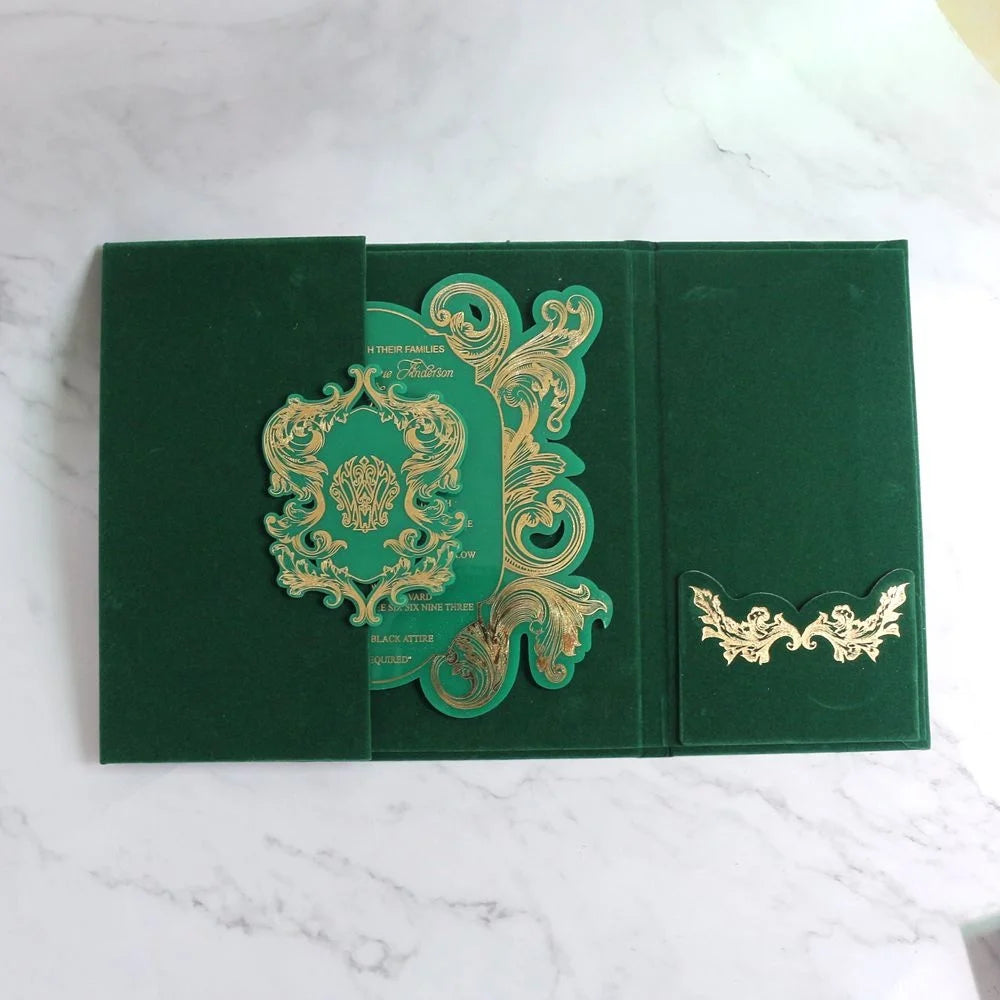 Green Velvet Hard Board Gate Fold Pocket Design Wedding Invitation Set with Acrylic Card