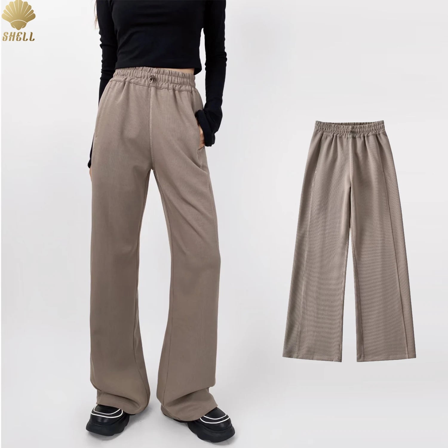CNSHELL Casual Loose Stretch Waistband Pocket Straight Wide Leg Ribbed Trouser Ladies Baggy Tracksuit Pant