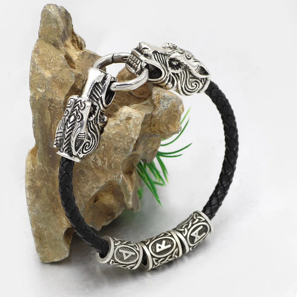 SDY003 Fashion Vintage Dragon Head Beaded Leather Men's Bracelet Personality Viking Rune Beads Amulet Bracelet