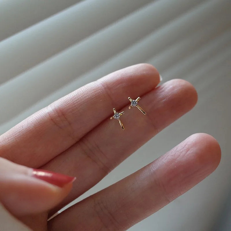 Simple Fancy Pure 925 Sterling Silver White Green Zircon Mini Cross Stud Earrings for Women Girls Jewelry
