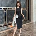 ZYHT 10313 Stylish Ladies Office Summer Women Clothing Modest Black Slit Sleeveless Dresses